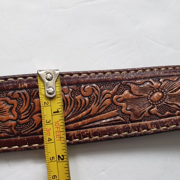 Tony Lama Western Rodeo Tooled Leather Belt Silver Turquoise Buckle main image 4